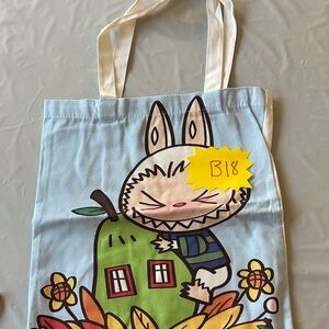 B18, NWOT Cute Labubu Character Tote Bag (Blue) with Floral Design